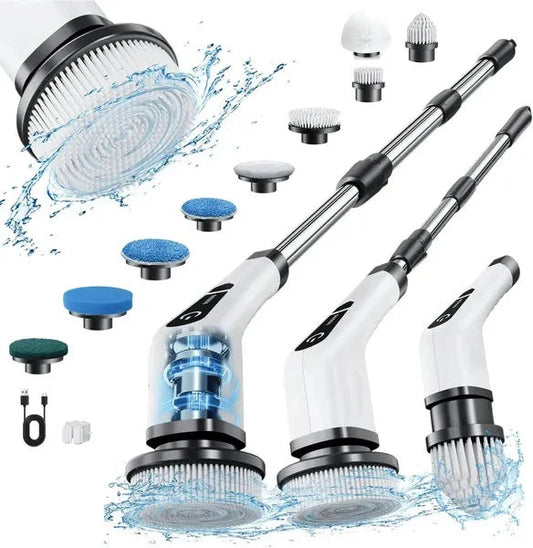 Tasoxs 9-in-1 Cordless Electric Spin Scrubber with extendable handle and brush heads for versatile cleaning.